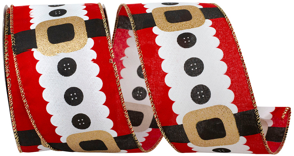 Red White 2-1 2 Inch Santa's Buttons And Belt Christmas Wired Edge Ribbon for Wreaths & Bows