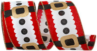 Red White 2-1 2 Inch Santa's Buttons And Belt Christmas Wired Edge Ribbon for Wreaths & Bows