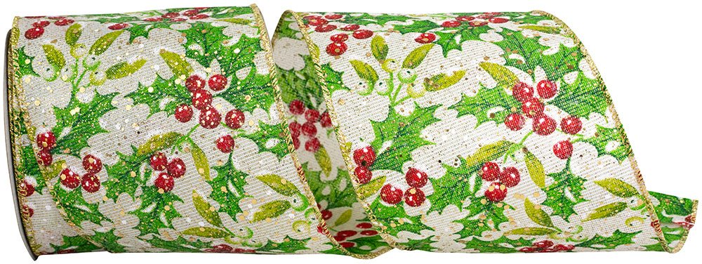 Holly Berries And Leaves Glimmer Ribbon Green Red 4 Inch