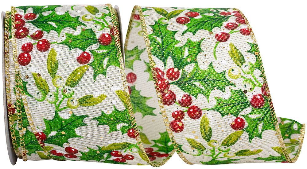Holly Berries And Leaves Glimmer Ribbon Green Red 2-1/2 Inch