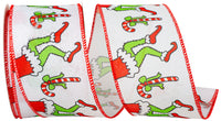 White Red 2-1 2 Inch Green Legs Dancing Christmas Linen Wired Edge Ribbon for Wreaths & Bows