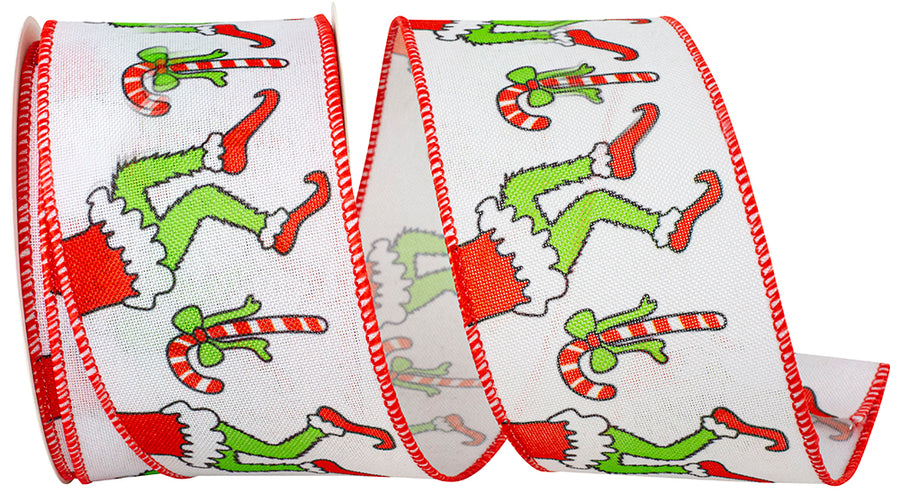 White Red 2-1 2 Inch Green Legs Dancing Christmas Linen Wired Edge Ribbon for Wreaths & Bows