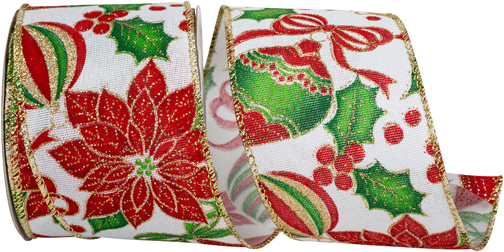 Poinsettia Glitter Wired Edge Ribbon Red Green 2-1/2 Inch