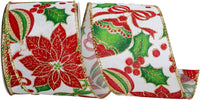 Poinsettia Glitter Wired Edge Ribbon Red Green 2-1/2 Inch