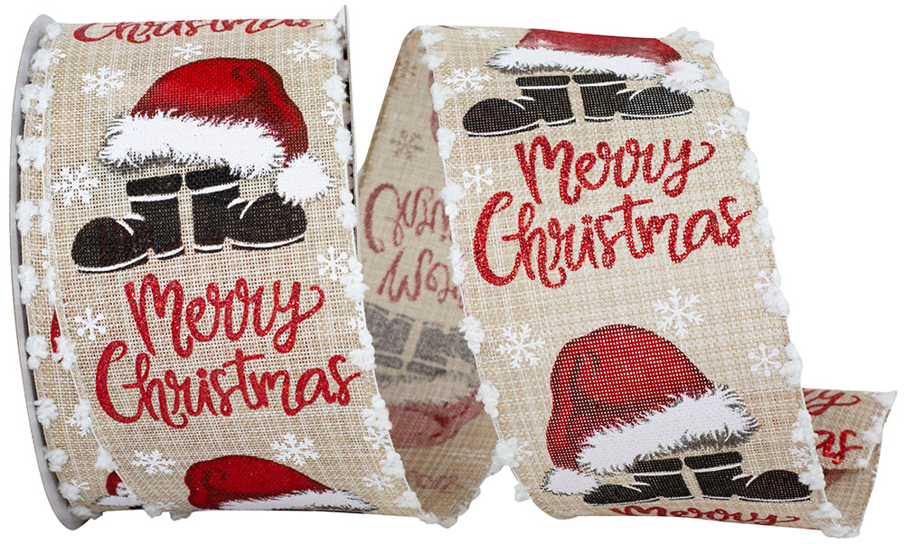 Natural 2-1 2 Inch Merry Christmas Santa Hat And Boots Linen Wired Edge Ribbon for Wreaths & Bows