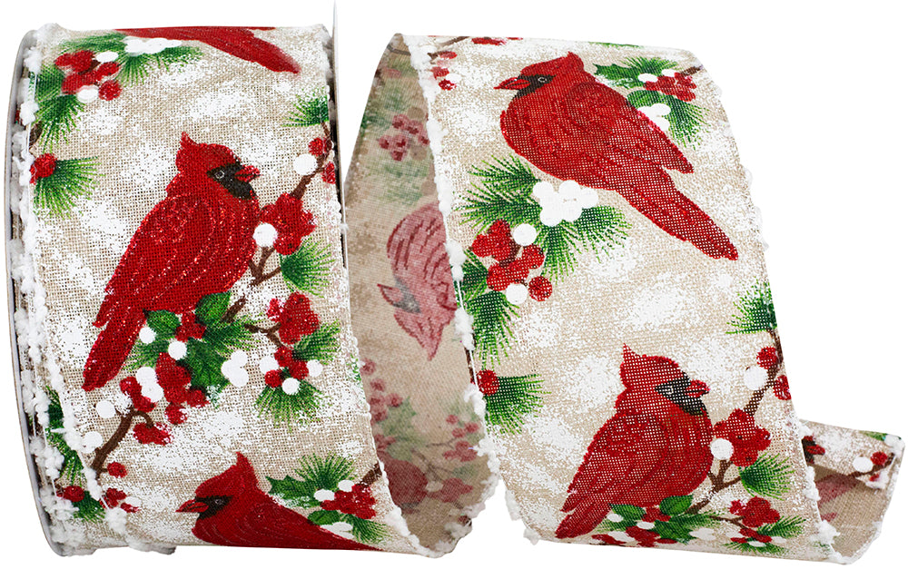 Cardinal Glitter Snowy Linen Wired Edge Ribbon Natural 2-1/2 Inch