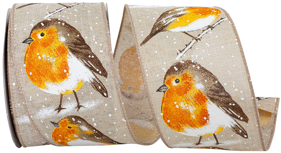 Natural 2-1 2 Inch Bird Perched & Snow Tonal Linen Wired Edge Ribbon for Wreaths & Bows