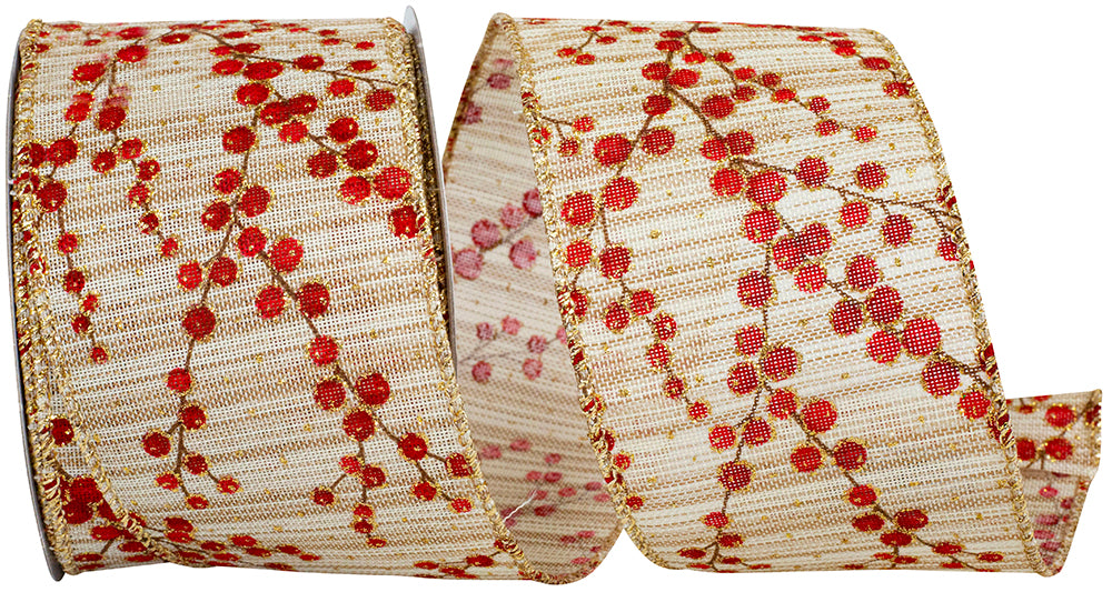 Natural 2-1 2 Inch Berry Vine Texture Tonal Wired Edge Ribbon for Wreaths & Bows