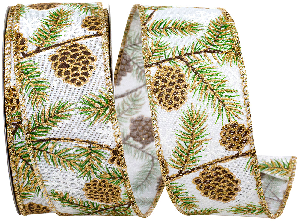 Pine Cone Glitter Wisp Linen Ribbon White 1-1/2 Inch