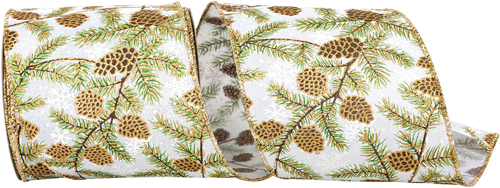 Pine Cone Glitter Wisp Linen Ribbon 4 Inch White 10 Yards
