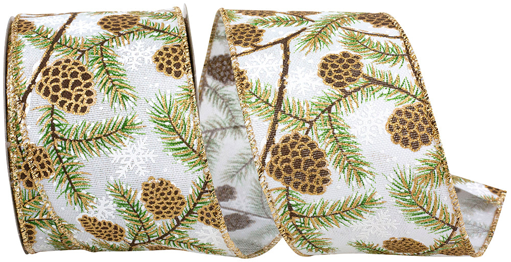 Pine Cone Glitter Wisp Linen Ribbon White 2-1/2 Inch