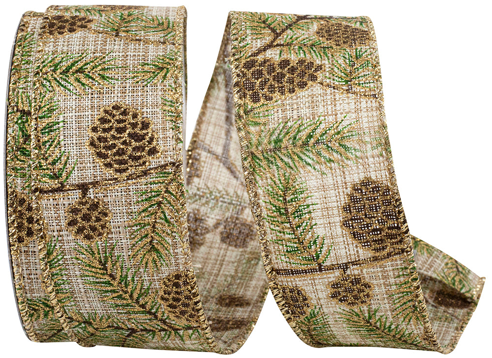 Natural Pine Cone Glitter Wisp Linen Wired Edge Ribbon 1-1/2 Inch