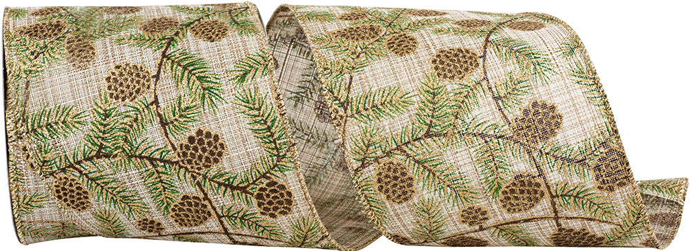 Pine Cone Glitter Wisp Linen Ribbon 4 Inch Natural 10 Yards