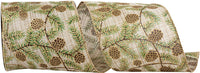 Pine Cone Glitter Wisp Linen Ribbon 4 Inch Natural 10Yds