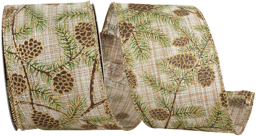 Pine Cone Glitter Wisp Linen Ribbon Natural 2-1/2 Inch