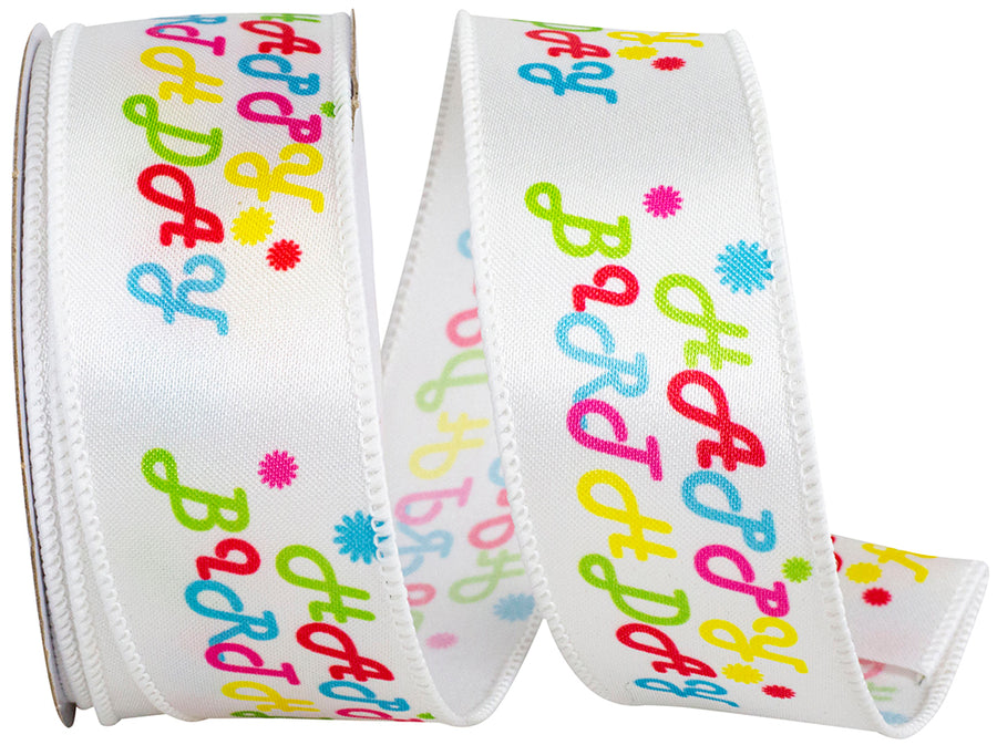 White 1-1 2 Inch Happy Birthday Multi Color Satin Wired Edge Ribbon for Wreaths & Bows