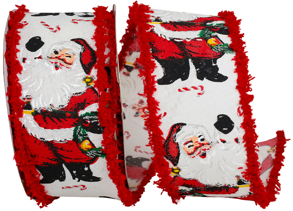 White Red 2-1 2 Inch Santa Standing Smiles Frizette Wired Edge Ribbon for Wreaths & Bows