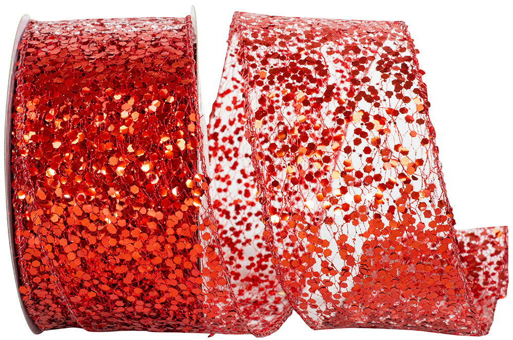Red Sequin Dots Wired Edge Ribbon 2-1/2 Inch 10 Yards