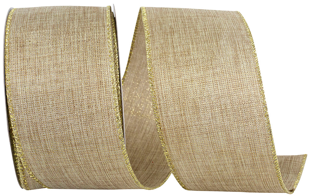 Natural Linen Glimmer Wired Edge Ribbon Natural Gold 2-1/2 Inch