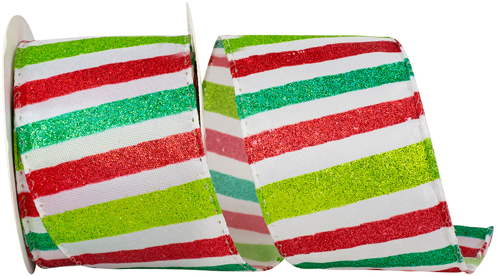Green Red 2-1 2 Inch Striped Glittered Bars Christmas Wired Edge Ribbon for Wreaths & Bows
