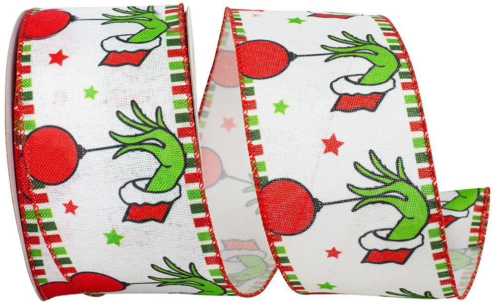 Red Green 2-1 2 Inch Green Hand With Ornaments Linen Wired Edge Ribbon for Wreaths & Bows