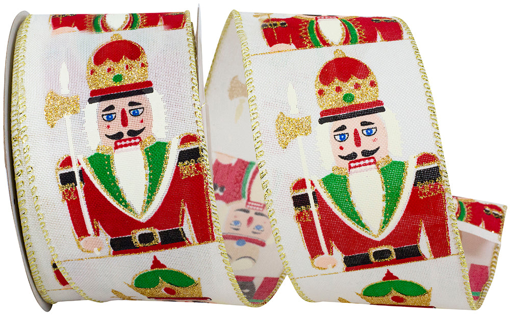 Ivory 2-1 2 Inch Nutcracker Glittered Repeat Wired Edge Ribbon for Wreaths & Bows
