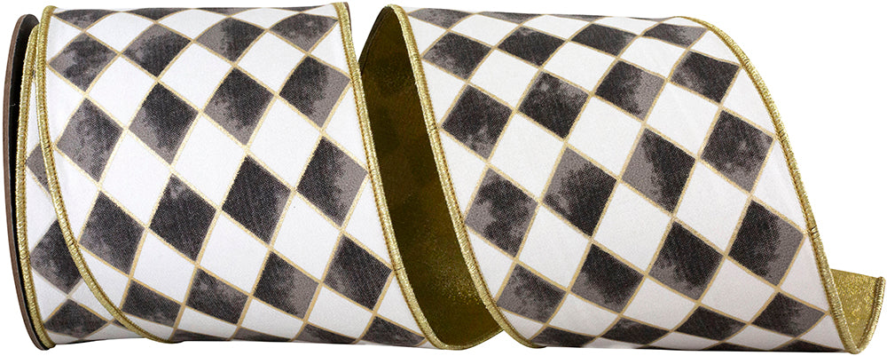 Black 4 Inch Harlequin Diamond Gilded Deluxe Outline Wired Edge Ribbon for Wreaths & Bows