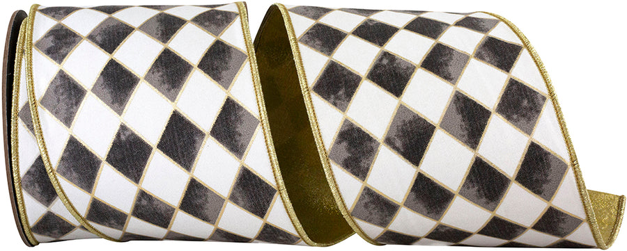 Black 4 Inch Harlequin Diamond Gilded Deluxe Outline Wired Edge Ribbon for Wreaths & Bows