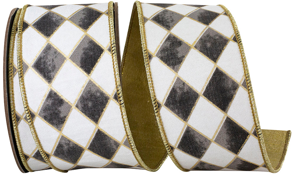 Black 2-1 2 Inch Harlequin Diamond Gilded Deluxe Outline Wired Edge Ribbon for Wreaths & Bows