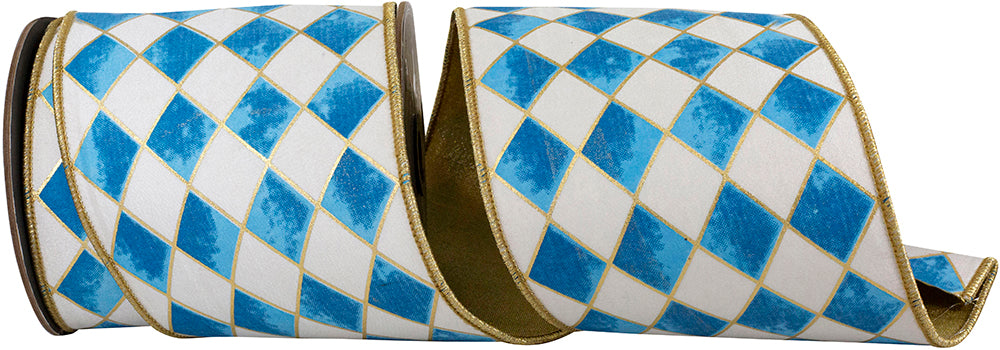 Cobalt 4 Inch Harlequin Diamond Gilded Deluxe Outline Wired Edge Ribbon for Wreaths & Bows