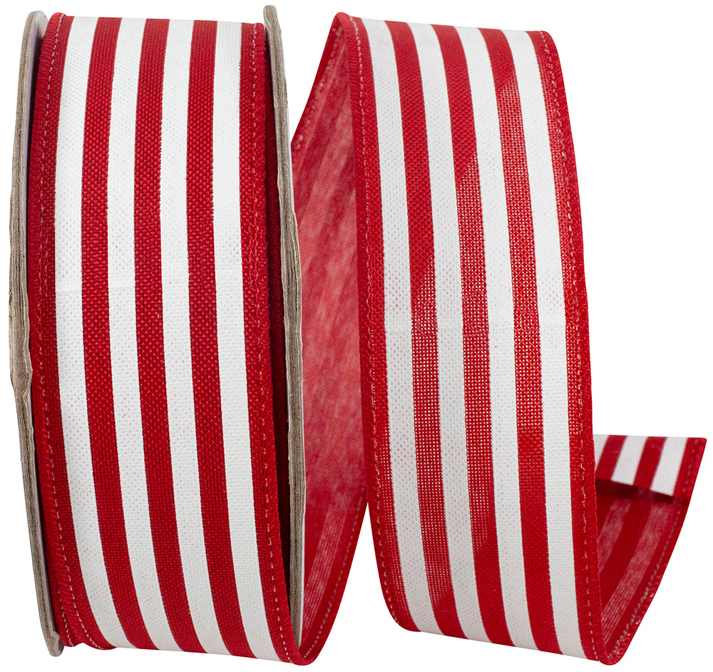 Red White 1-1 2 Inch Striped Linen Wired Edge Ribbon for Wreaths & Bows