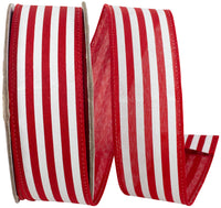 Red White 1-1 2 Inch Striped Linen Wired Edge Ribbon for Wreaths & Bows