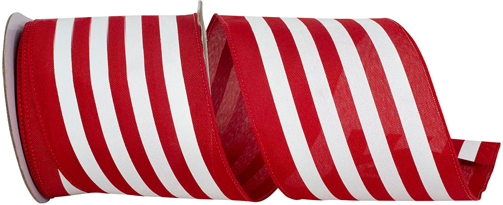 Red White 4 Inch Striped Linen Wired Edge Ribbon for Wreaths & Bows
