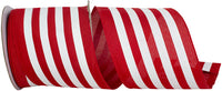 Red White 4 Inch Striped Linen Wired Edge Ribbon for Wreaths & Bows