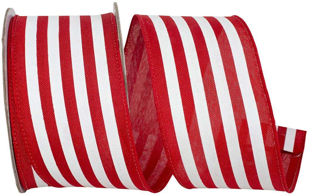 Red White 2-1 2 Inch Striped Linen Wired Edge Ribbon for Wreaths & Bows