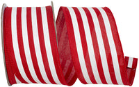 Red White 2-1 2 Inch Striped Linen Wired Edge Ribbon for Wreaths & Bows