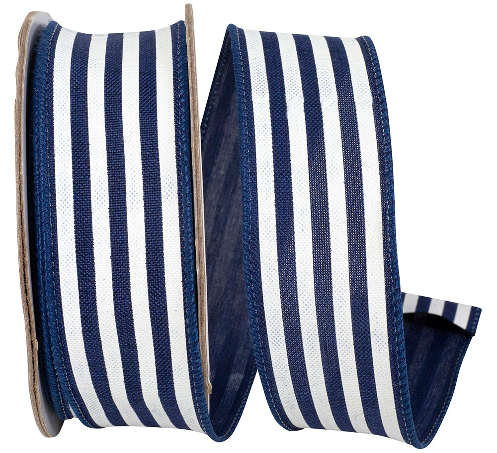 Navy White 1-1 2 Inch Striped Linen Wired Edge Ribbon for Wreaths & Bows