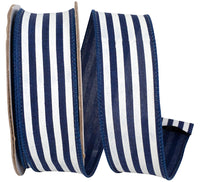 Navy White 1-1 2 Inch Striped Linen Wired Edge Ribbon for Wreaths & Bows