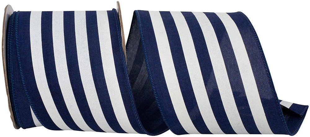 Navy White 4 Inch Striped Linen Wired Edge Ribbon for Wreaths & Bows