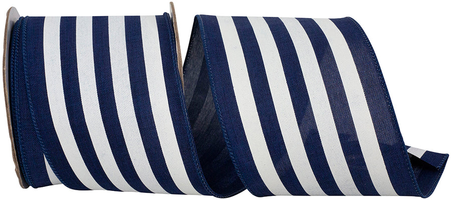 Navy White 4 Inch Striped Linen Wired Edge Ribbon for Wreaths & Bows