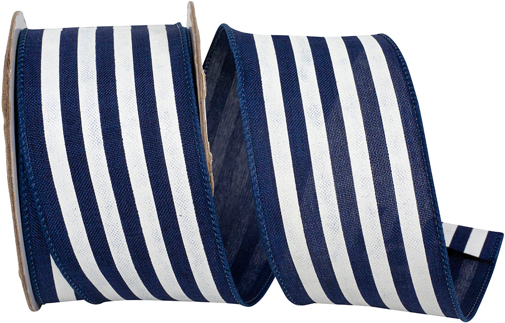 Navy White 2-1 2 Inch Striped Linen Wired Edge Ribbon for Wreaths & Bows
