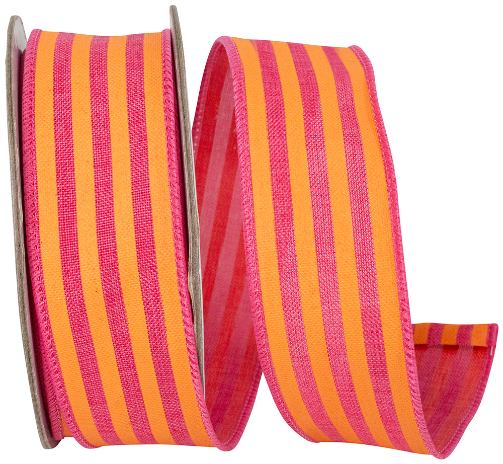 Orange Fuchsia 1-1 2 Inch Broad Striped Linen Wired Edge Ribbon for Wreaths & Bows