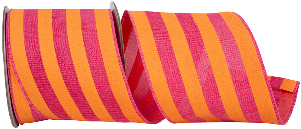 Orange Fuchsia 4 Inch Broad Striped Linen Wired Edge Ribbon for Wreaths & Bows