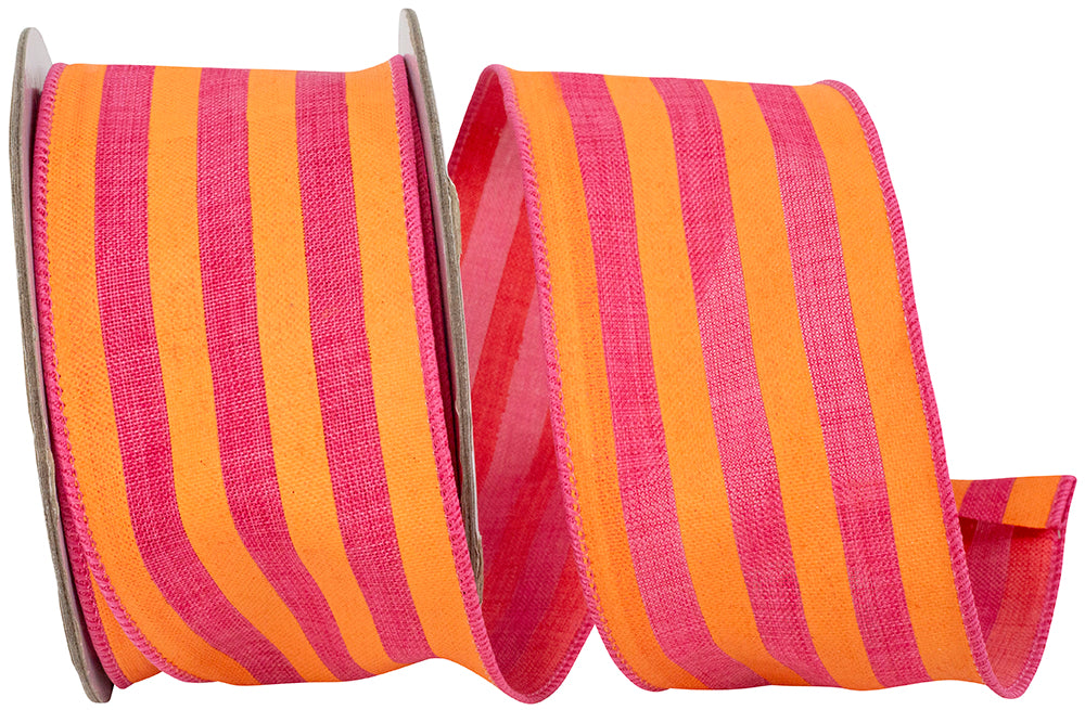 Orange Fuchsia 2-1 2 Inch Broad Striped Linen Wired Edge Ribbon for Wreaths & Bows