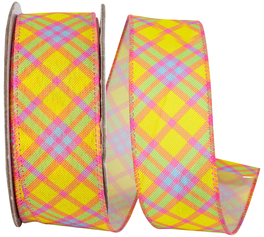 Plaid Diagonal Wired Edge Ribbon Yellow Fuchsia 1-1/2 Inch