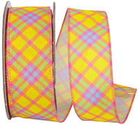 Plaid Diagonal Wired Edge Ribbon Yellow Fuchsia 1-1/2 Inch