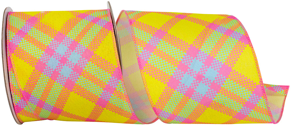 Plaid Diagonal Bright Linen Ribbon Yellow Fuchsia 4 Inch