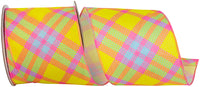 Plaid Diagonal Bright Linen Ribbon Yellow Fuchsia 4 Inch