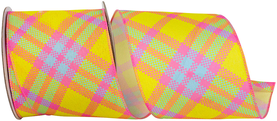 Plaid Diagonal Bright Linen Ribbon Yellow Fuchsia 4 Inch