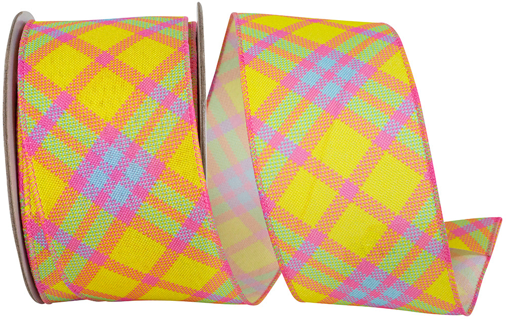 Plaid Diagonal Wired Edge Ribbon Yellow Fuchsia 2-1/2 Inch